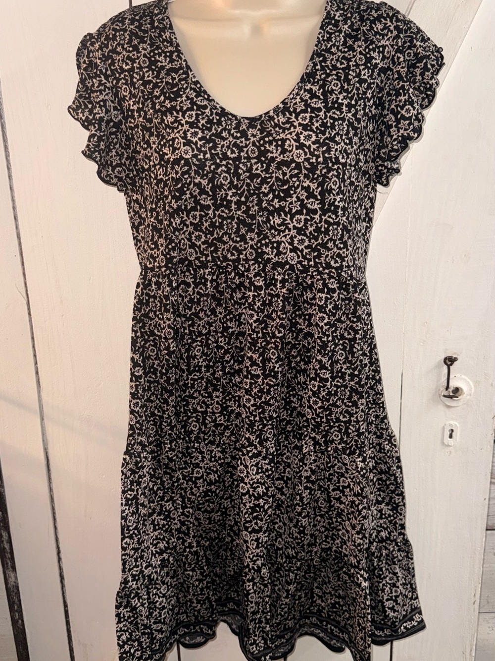 Max Studio Black Floral V-Neck Tiered Midi Dress
